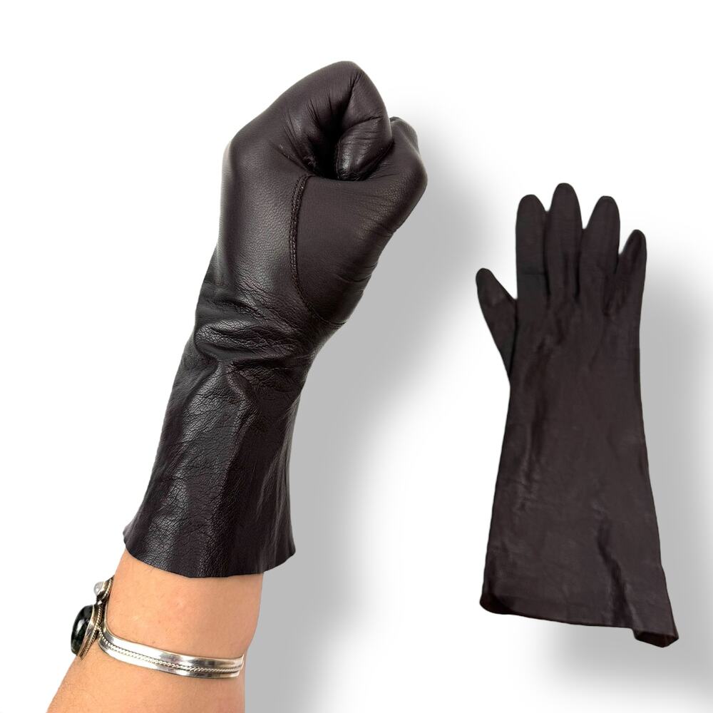 ❌SOLD❌1950's French designer black brown kid goat skin leather long gloves - Picture 10 of 14